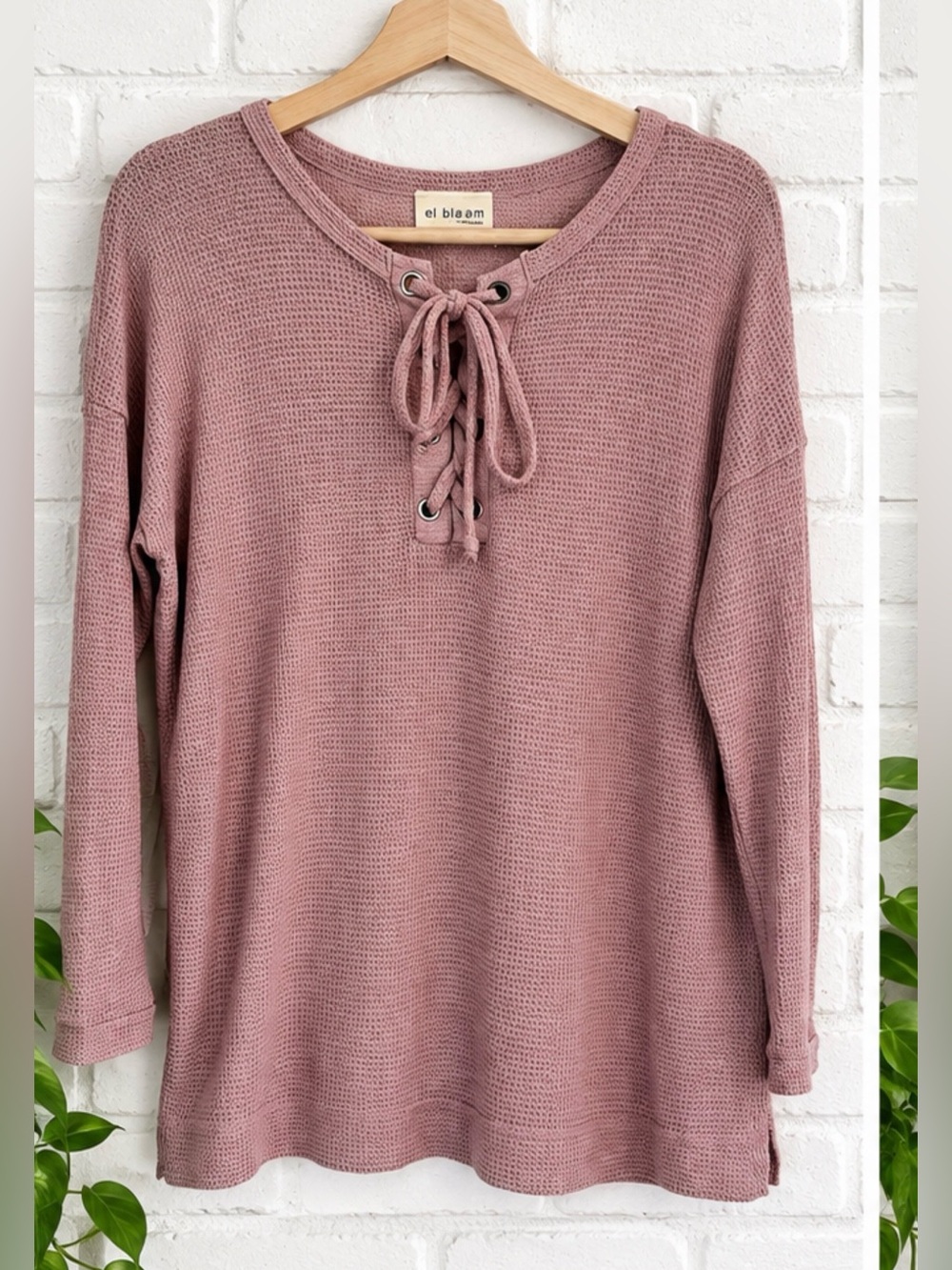Pink long sleeve, waffle, knit top size, medium, soft, and cozy